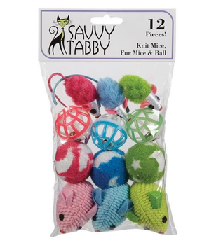 ST Knit Mice Fur Mice & Ball 12Pk