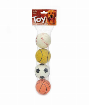 Dog Balls Toy - 4 Pk Rubber Sports Themed : Tennis, Soccer, Baseball and basketball