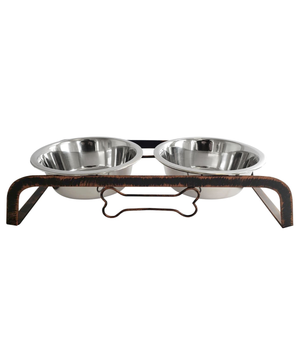 Rustic Dog Bone Feeder with 2 Stainless Steel Dog Bowls