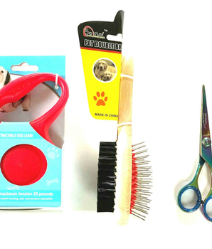 Retractable Dog Leash Double Brush Grooming Hair Scissors Complete Gift Set