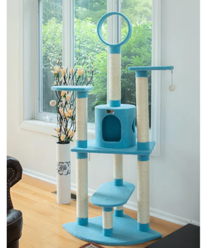 Real Wood 65-Inch Classic Cat Tree In Sky Blue 5-Level Condo