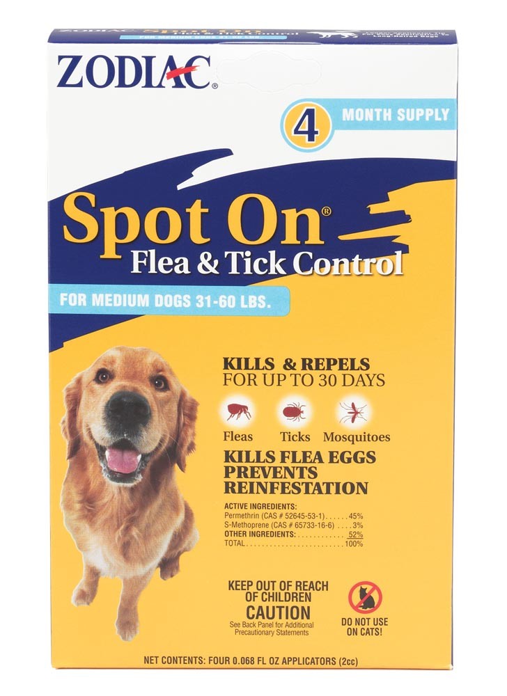 Zodiac Flea and Tick Spot On for Dogs Medium 31-60 Pounds 4 Pack